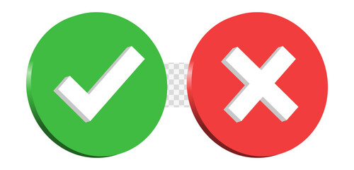 3d check mark icon button set. check box icon with right and wrong buttons and yes or no checkmark icons in green tick box and red cross. vector illustration