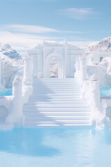 An icy palace with stairs leading up to a grand archway, with snow capped mountains in the background.