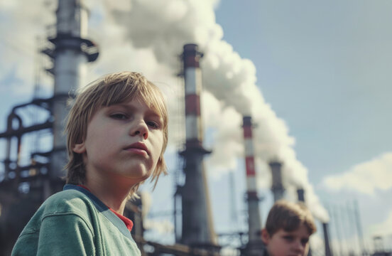 Concerned child in front of polluting factory chimneys. Generative AI image