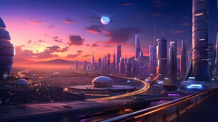 Futuristic city at night with fast moving cars. Panorama