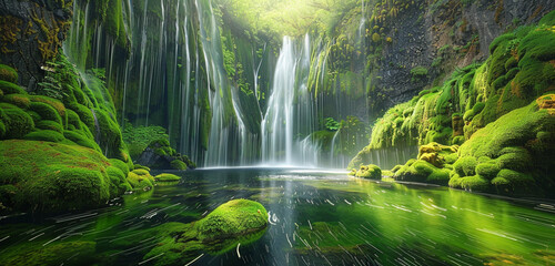 A breathtaking waterfall cascading down moss-covered rocks into a crystal-clear pool. - obrazy, fototapety, plakaty