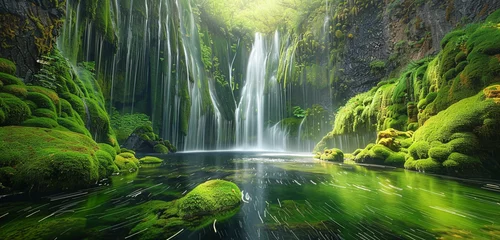 Abwaschbare Fototapete A breathtaking waterfall cascading down moss-covered rocks into a crystal-clear pool. © Image Studio