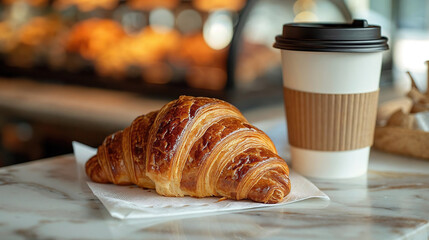 Fresh croissant and coffee on a marble table. Generative AI image