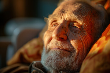 Elderly man reflecting in warm sunlight. Generative AI image