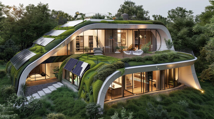 A futuristic eco-friendly home with solar panels and a living green roof. - obrazy, fototapety, plakaty