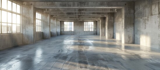 3D visualization of an unfurnished space with concrete flooring and walls. - obrazy, fototapety, plakaty