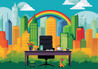 A desk in an office space with a rainbow and cityscape mural in the background, bright colors, flat design, interior, pop art.