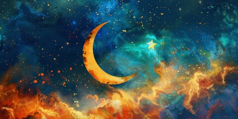 Obraz na płótnie Canvas Fiery Cosmic Sky with Golden Crescent Moon and Lone Star