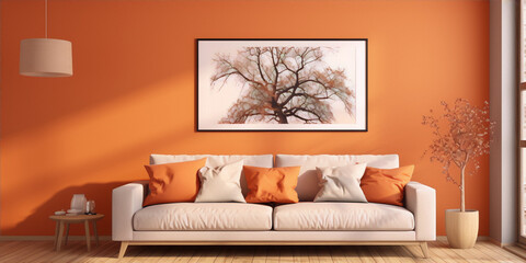 Bright living room interior with white sofa, orange pillows, tree photo, plant, and wood floor in minimalist style