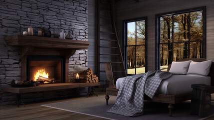 Cozy bedroom with fireplace, exposed stone wall and large windows overlooking autumn forest - obrazy, fototapety, plakaty