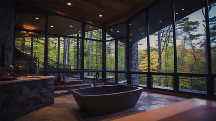 Stunning modern bathroom with large windows and a forest view, featuring a freestanding bathtub, stone walls, and a minimalist design