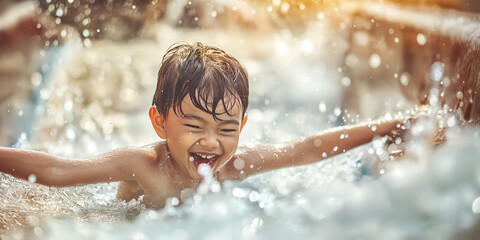 Joyful Young Boy Splashing and Playing in Sunlit Water