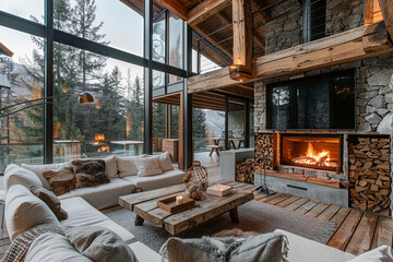 A modern mountain retreat with a blend of wood and stone, large windows, and a cozy outdoor fireplace.