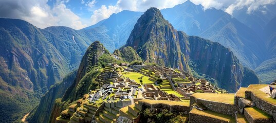 Ancient incan citadel  historic sanctuary of machu picchu in andes mountains, southern peru - obrazy, fototapety, plakaty