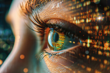 Close-up of human eye with futuristic digital overlay. Generative AI image