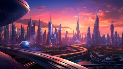 Futuristic city panorama with high-rise buildings and roads