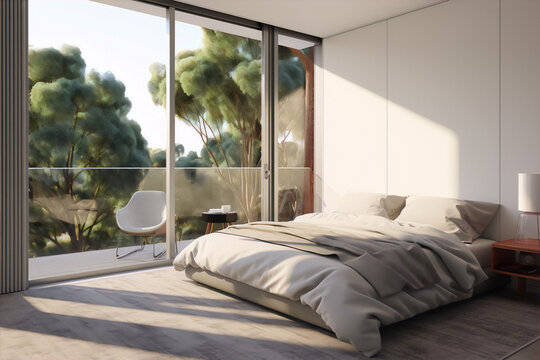 Bedroom interior with large glass door and balcony overlooking green trees, neutral colors, contemporary style, 3d render