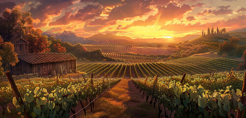 Obraz premium A scenic vineyard with rows of grapevines, a rustic wine cellar, and a stunning sunset.