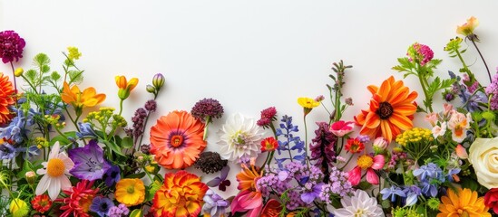 Floral arrangement. Wreath comprised of different vibrant flowers against a white backdrop. Representing Easter, spring, and summer themes. Flat lay style with a top-down view and room for text. - Powered by Adobe