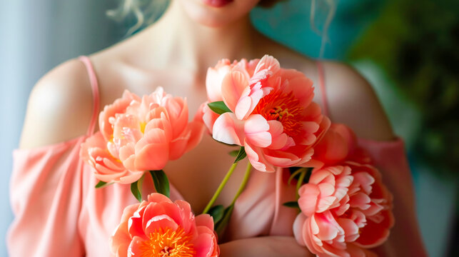 A graceful display of peach-colored peonies cradled by anonymous woman in a matching dress, epitomizing the peach fuzz color of the year with generative AI