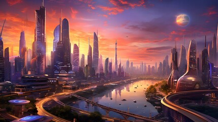 Panoramic view of the city at sunset. Illustration.