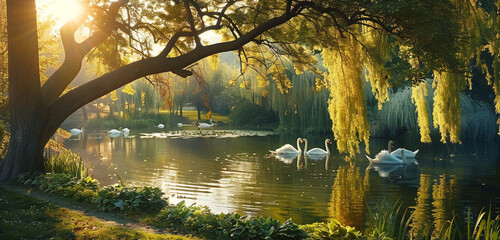 A serene park with a peaceful pond, elegant swans, and weeping willow trees. - obrazy, fototapety, plakaty