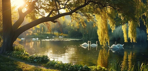 Foto auf Acrylglas A serene park with a peaceful pond, elegant swans, and weeping willow trees. © Image Studio