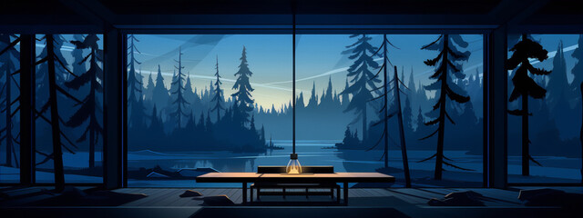 Digital art of a minimalist house interior with a large window looking out onto a lake and forest landscape in the evening light. - obrazy, fototapety, plakaty