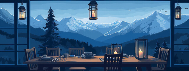 Digital art of a table set for dinner in a mountain lodge with a view of snow capped mountains in the distance