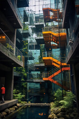 Futuristic atrium with glass walls, orange staircases and lush greenery