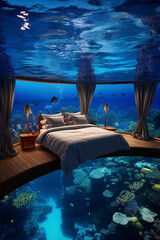 Underwater bedroom with a large glass window looking out onto a coral reef.