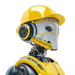 Robot wearing a factory helmet on white backbround