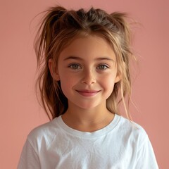 Young girl 10 years old, wearing white t-shirt, portrait photo