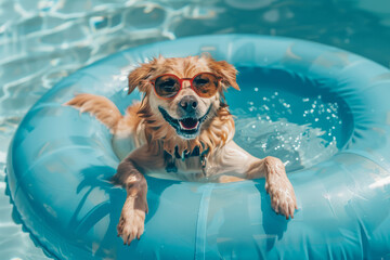 Cute dog relaxing in a summer swimming pool inflatable ring float