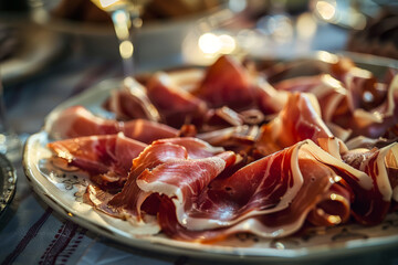 Gourmet cured ham served on a decorative plate. Generative AI image