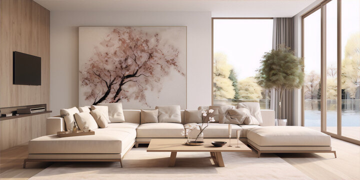 Minimalist living room interior with large windows, white walls,beige sofa and a coffee table with a vase of flowers and a tray with glasses of wine