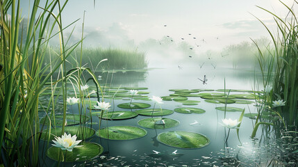 A tranquil pond surrounded by tall grasses and water lilies, with dragonflies darting above the surface - Powered by Adobe