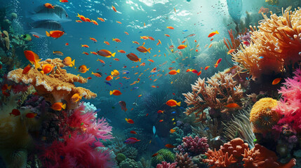 Obraz na płótnie Canvas A vibrant coral reef teeming with life, with colorful fish darting among intricate coral formations