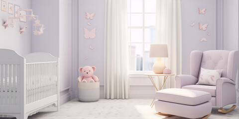 Minimalist rendering of a cozy baby nursery with a crib, rocking chair, and pink accents in a modern home