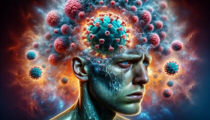 Intricate Human Mind Interacting with Viral Entities Representing Concepts of Infection, Pandemic, and Psychological Impact in a Surreal Artwork