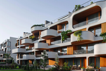A contemporary apartment complex with a dynamic facade, balconies, and communal outdoor spaces.