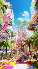 Vibrant colors and geometric shapes in a surreal city scape with palm trees, buildings and walkways in an abstract, cartoon style.
