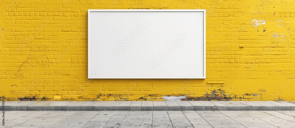 Canvas Prints Mockup of a street store vintage signboard on a white blank surface against an aged yellow brick wall.