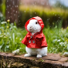 Obraz premium A small rabbit wearing a red raincoat