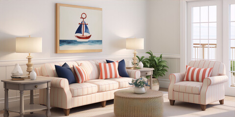 coastal living room with blue and white striped sofa and armchair, wooden coffee table and coastal artwork