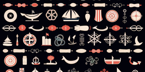 Engraving style vector seamless pattern of vintage nautical symbols and icons in red and white isolated on black background