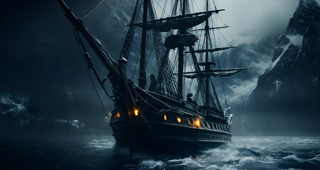 a tall sail ship sailing through rough ocean - obrazy, fototapety, plakaty