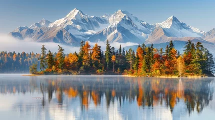 Fotobehang Tatra Vibrant autumn sunrise at high tatra lake with majestic mountains and pine forest reflection