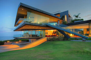 A modernist beachfront villa with a cantilevered design, expansive glass walls, and private access to the beach.