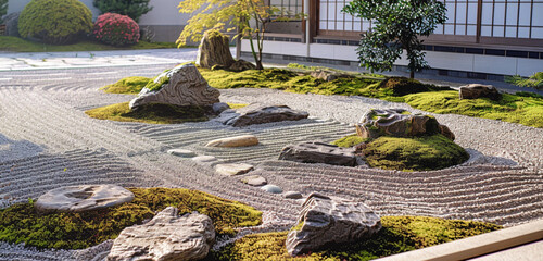 A peaceful Zen garden with a raked gravel courtyard, moss-covered stones, and a contemplative rock garden. - obrazy, fototapety, plakaty